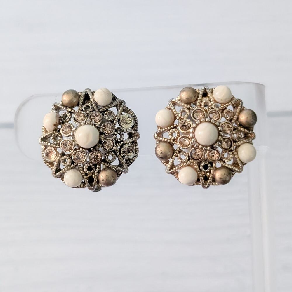 Vintage Clip On Earrings 7/8" Gold Tone with Accents - Missing Accents